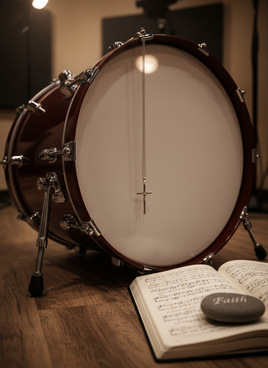 A glossy, deep-mahogany drum resting on a wooden studio floor, its chrome hardware gleaming subtly, with a thin silver cross pendant delicately placed atop the drumhead. Nearby, a simple open journal with neat, handwritten lines lies angled toward the viewer, and a smooth, polished stone engraved with the word “Faith” sits on its corner. Overhead, soft, warm studio lighting creates a halo-like glow on the drum surface and gentle reflections on the metal rims. The background fades into a tasteful, dark blur, suggesting a music studio. Shot from a low, close perspective with shallow depth of field in photographic realism, the mood is contemplative yet creative, symbolizing the harmony of God, rhythm, and personal reflection.