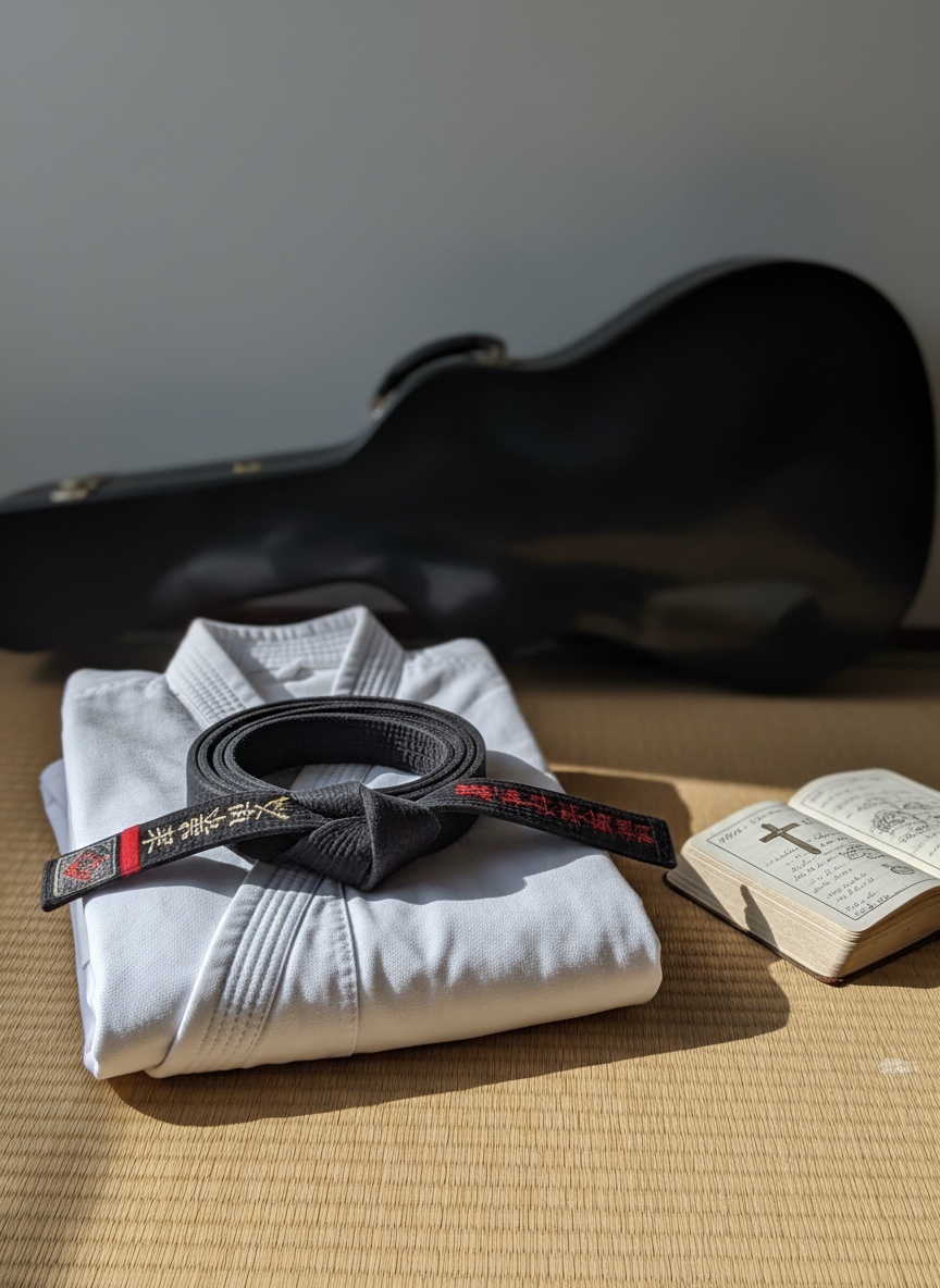 A carefully arranged still life featuring a pristine white karate gi folded with crisp precision, a black belt coiled on top, and a small, weathered leather-bound devotional book resting beside them. The ensemble sits on a tatami-style mat with subtle woven texture. Behind, a sleek black acoustic guitar case leans against a muted gray wall, softly blurred. Cool, diffused morning light enters from an unseen window, creating gentle highlights on the fabric and book edges while leaving soft shadows. Captured from a slightly elevated angle in sharp photographic realism, the composition uses the rule of thirds to balance serenity and discipline, conveying a quiet, professional atmosphere that blends faith, martial arts, and music.