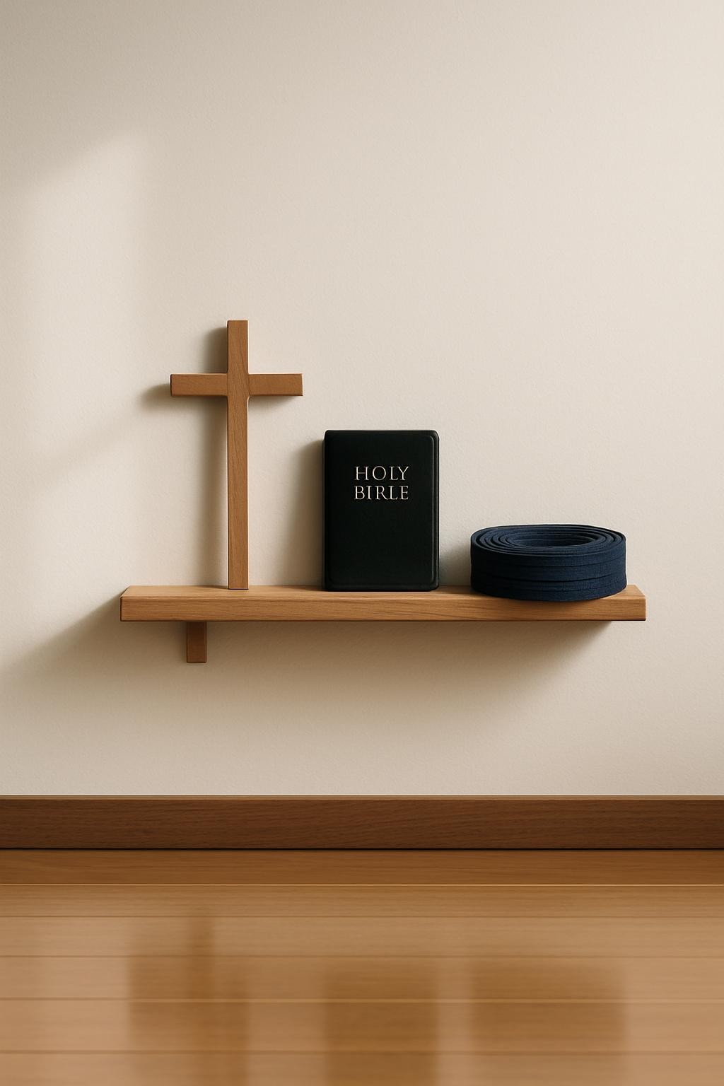 A minimalist dojo altar scene: a small, natural wood shelf mounted on a smooth white wall, holding a simple wooden cross, a compact black leather Bible, and a neatly rolled martial arts belt in deep navy. Beneath, the polished wooden floor reflects a faint, softened outline of the objects. Gentle, diffused afternoon light filters in from the left, producing subtle gradients on the wall and delicate, elongated shadows from the cross. Composed at eye level with balanced symmetry and precise lines, the image favors photographic realism and a clean, professional aesthetic. The atmosphere is serene, disciplined, and reverent, visually expressing the integration of spiritual devotion and martial practice without visual clutter.